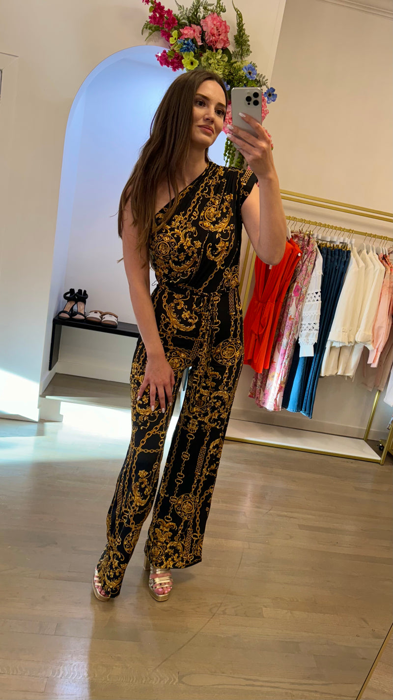 CHAIN PRINT ONE SHOULDER JUMPSUIT