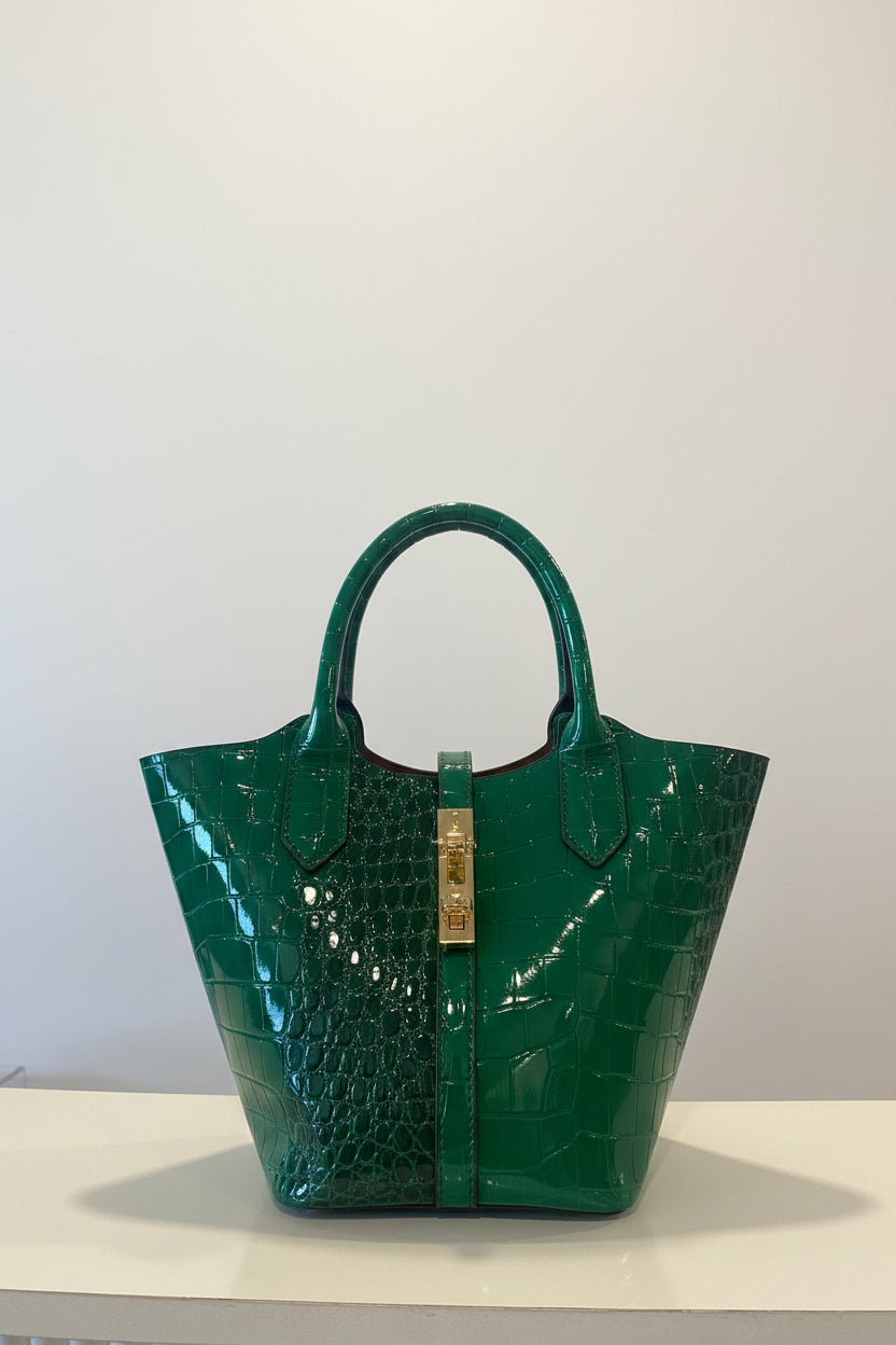 Croc Embossed Structured Top Handle Tote Bag