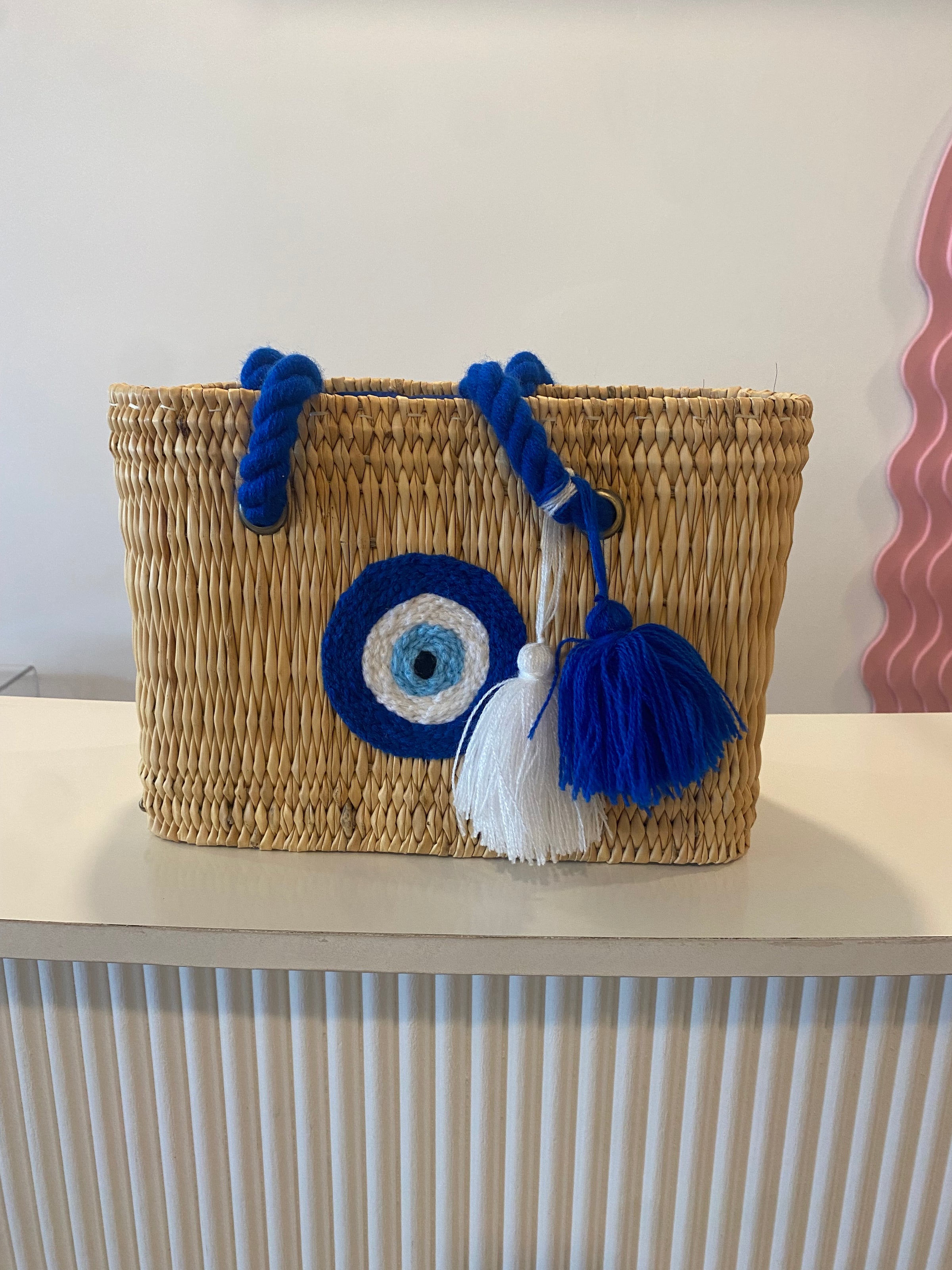 Multi Evil Eye Straw Tote Bag with Rope Handles and Drawstring Lining