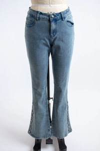Denim Flared Pants with Side Grommet Detailing