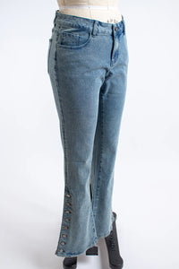 Denim Flared Pants with Side Grommet Detailing