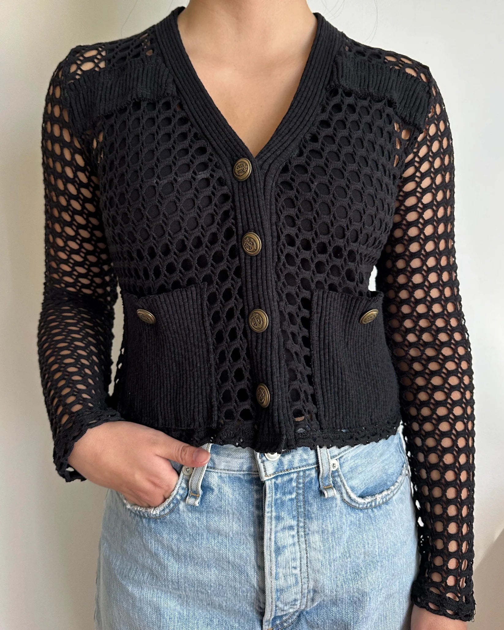 Black Crochet Mesh Cardigan with Gold Button Detail