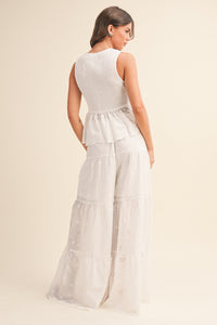 White Eyelet Smocked Top and Tiered Wide Leg Pant Set