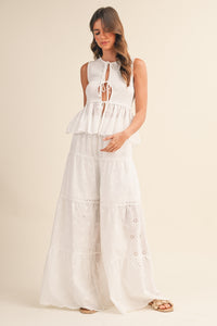 White Eyelet Smocked Top and Tiered Wide Leg Pant Set