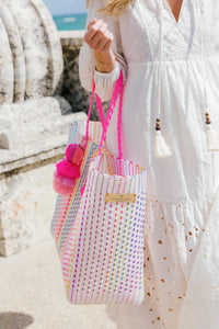 Rainbow Tote Bag with Neon Pink Handles and Tassel Charm