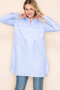 Blue Striped Rhinestone Shirt Dress with Drawstring Waist