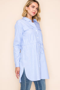 Blue Striped Rhinestone Shirt Dress with Drawstring Waist