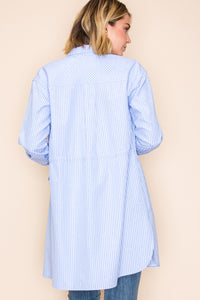 Blue Striped Rhinestone Shirt Dress with Drawstring Waist