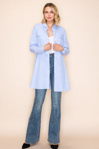 Blue Striped Rhinestone Shirt Dress with Drawstring Waist