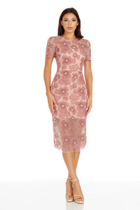 Mauve Floral Embroidered Midi Dress with Beaded Accents