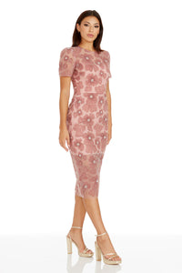 Mauve Floral Embroidered Midi Dress with Beaded Accents
