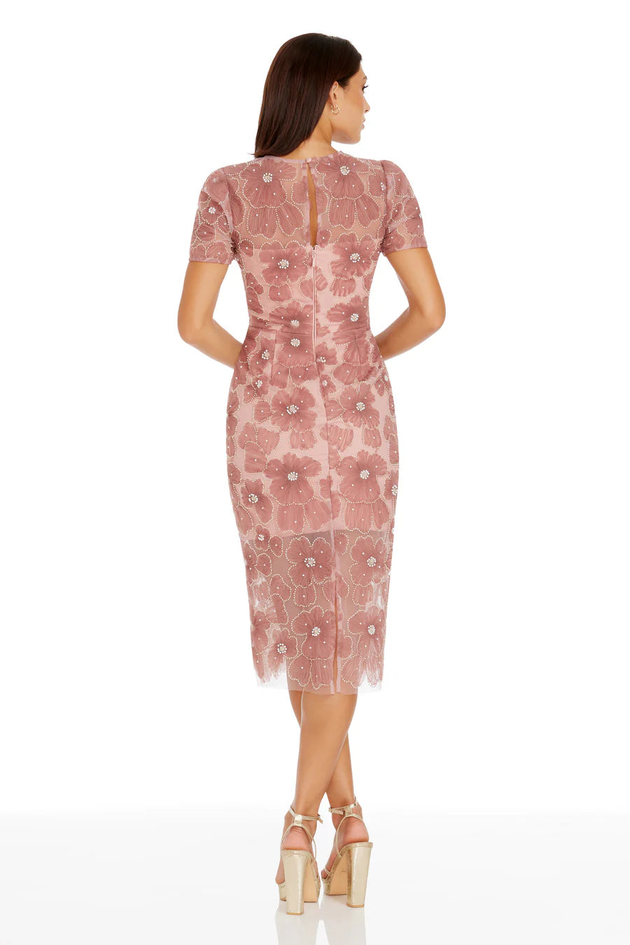 Mauve Floral Embroidered Midi Dress with Beaded Accents