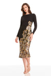 Black Long Sleeve Midi Dress with Gold Sequin Floral Embellishments