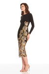 Black Long Sleeve Midi Dress with Gold Sequin Floral Embellishments