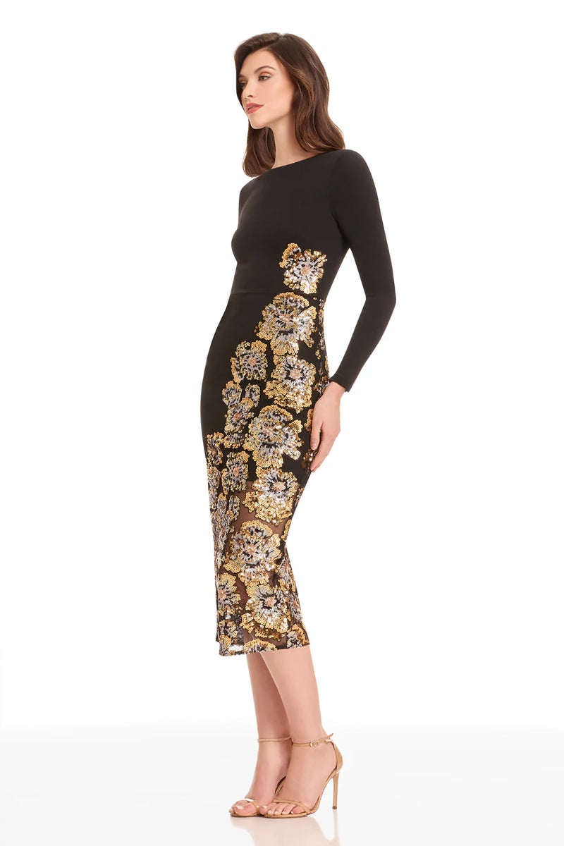 Black Long Sleeve Midi Dress with Gold Sequin Floral Embellishments
