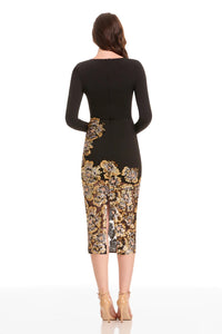 Black Long Sleeve Midi Dress with Gold Sequin Floral Embellishments