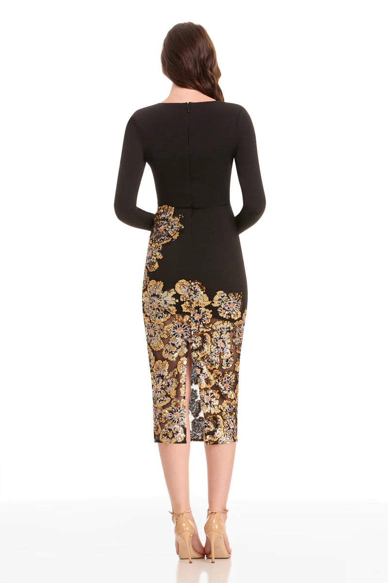 Black Long Sleeve Midi Dress with Gold Sequin Floral Embellishments