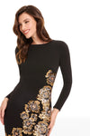 Black Long Sleeve Midi Dress with Gold Sequin Floral Embellishments