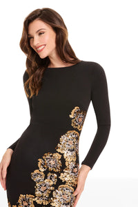 Black Long Sleeve Midi Dress with Gold Sequin Floral Embellishments