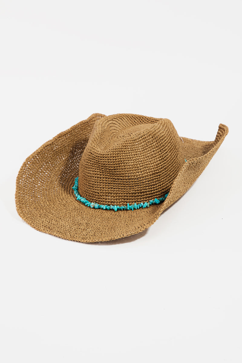 Turquoise Beaded Strap Woven Sun Hat