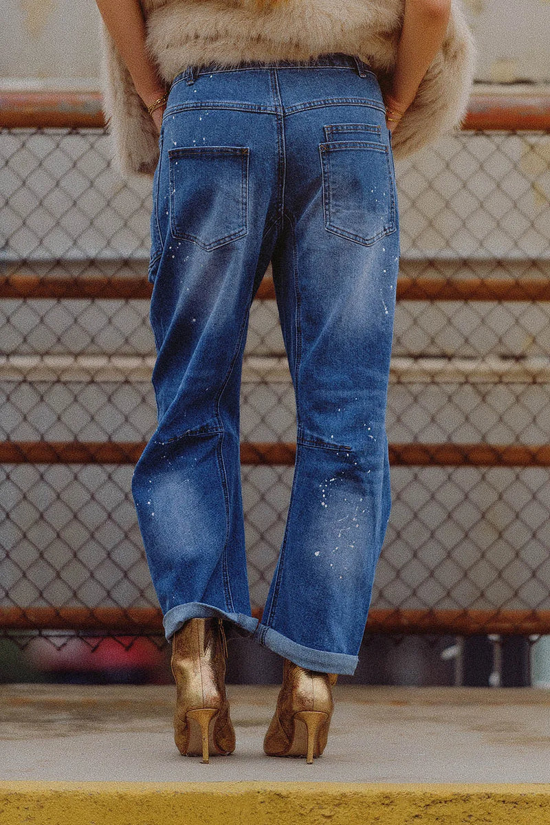 Mid Rise Barrel Jeans- Blue