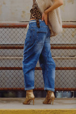 Mid Rise Barrel Jeans- Blue