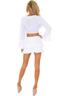 White Tie-Front Crop Top with Bell Sleeves and Lace Detail
