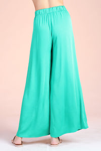 High-Waisted Wide Leg Satin Pants with Tie Waist in Green