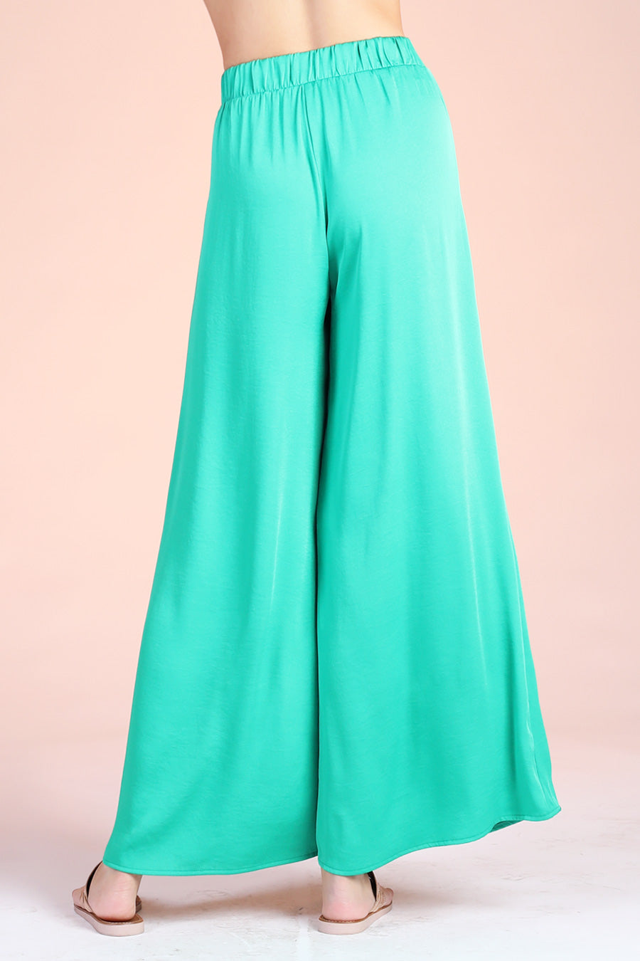 High-Waisted Wide Leg Satin Pants with Tie Waist in Green