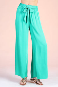 High-Waisted Wide Leg Satin Pants with Tie Waist in Green