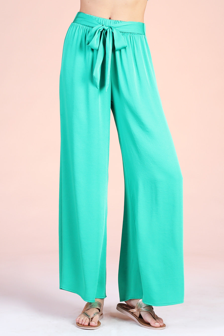 High-Waisted Wide Leg Satin Pants with Tie Waist in Green