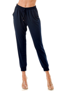 Blue Elastic Waist Jogger Pants with Shirred Cuffs