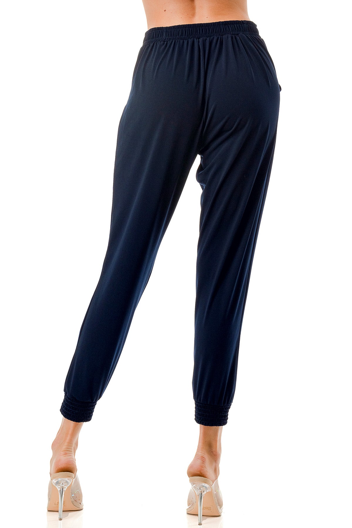 Blue Elastic Waist Jogger Pants with Shirred Cuffs