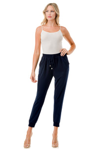 Blue Elastic Waist Jogger Pants with Shirred Cuffs