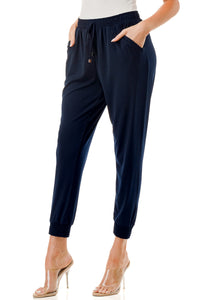 Blue Elastic Waist Jogger Pants with Shirred Cuffs