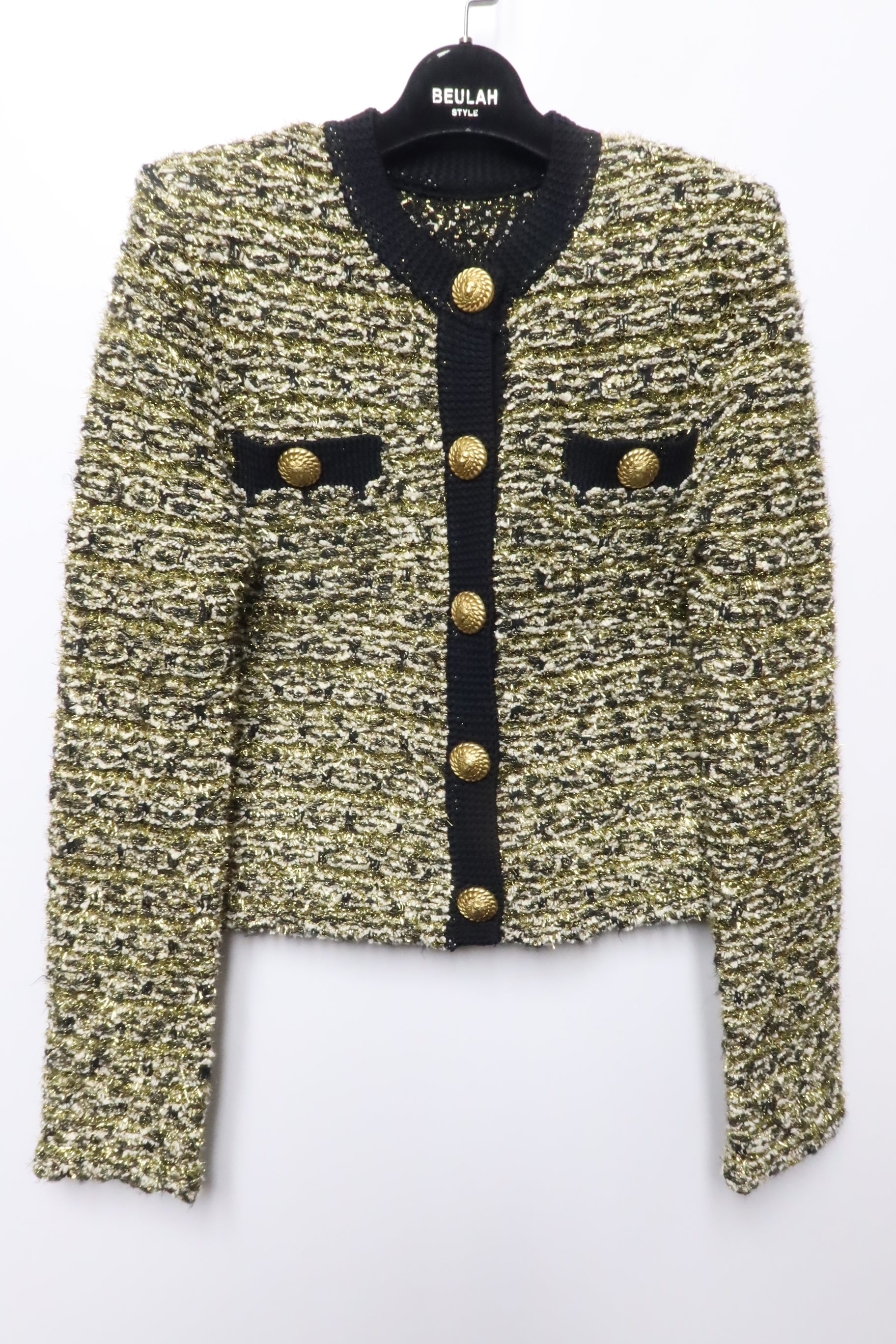 Gold and Black Tweed Cardigan with Statement Buttons