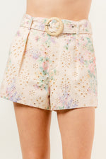 PASTEL FLORAL EYELET EMBROIDERY BELTED SHORTS