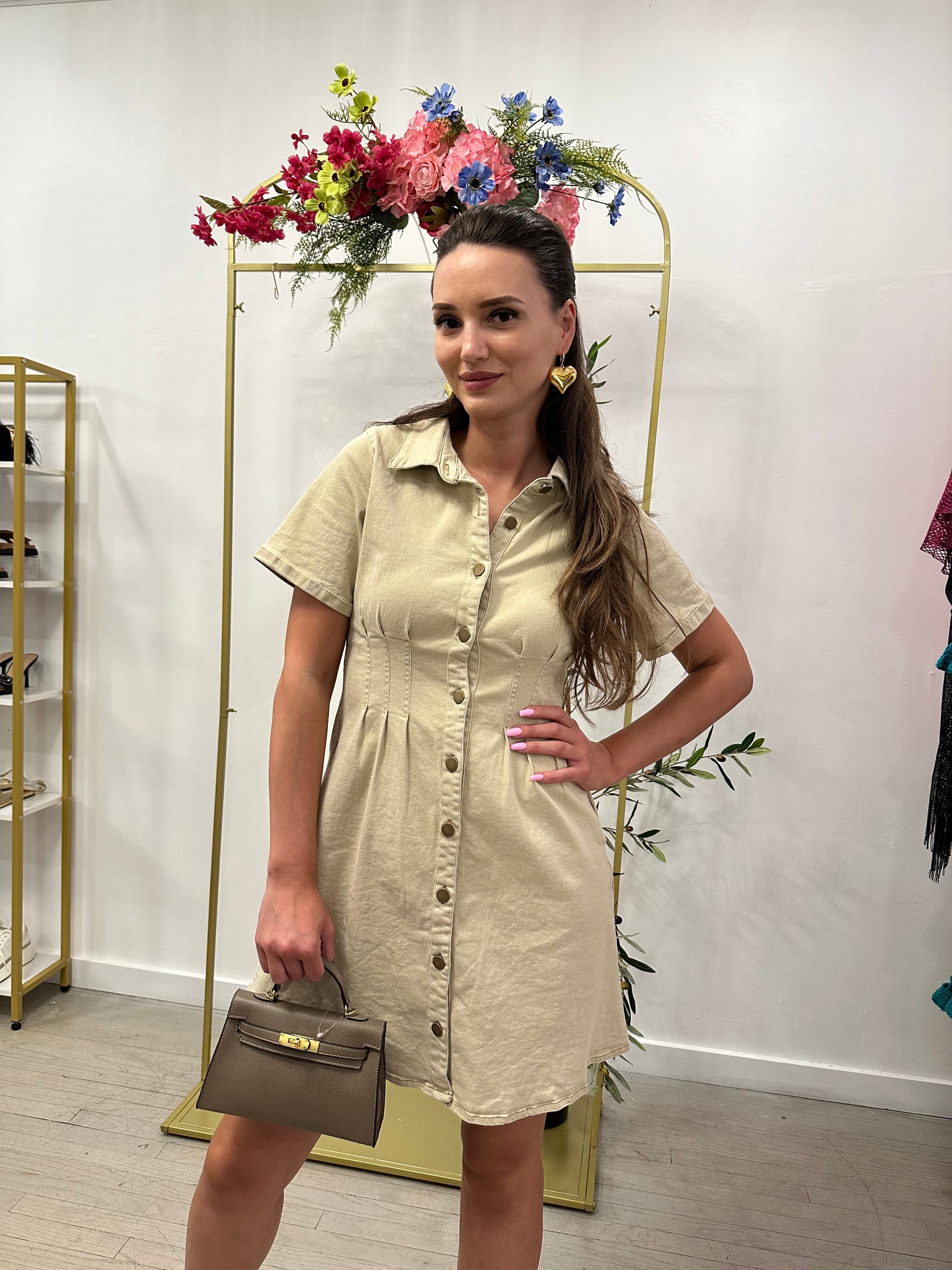 PLEATED WAIST BUTTON DOWN STRETCH WOVEN DRESS