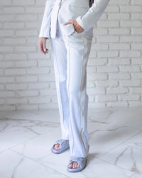 Light Gray Wide-Leg Pants with White Side Stripe and Zipper Hem Detail