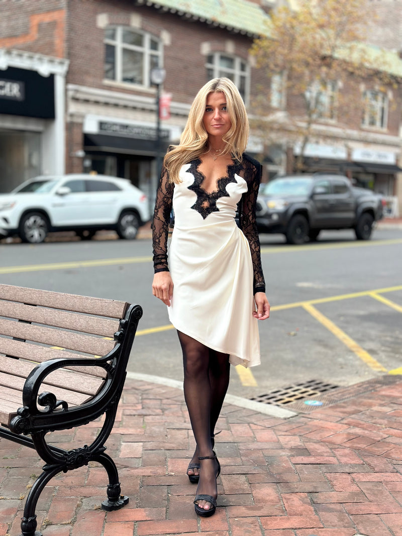 Black Lace Sleeve White Satin Midi Dress