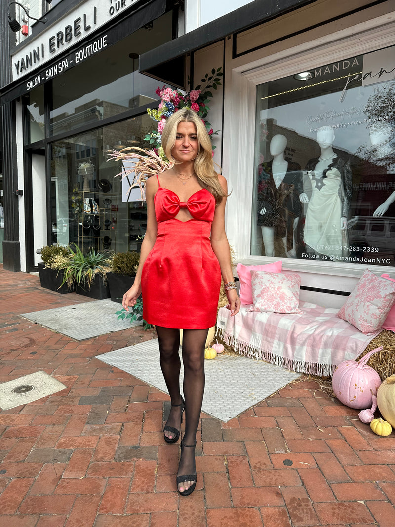 Red Satin Bow Mini Dress