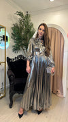 Metallic Long Sleeve Elastic Waist Pleated Skirt Maxi Dress