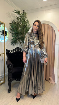 Metallic Long Sleeve Elastic Waist Pleated Skirt Maxi Dress