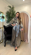 Metallic Long Sleeve Elastic Waist Pleated Skirt Maxi Dress