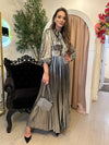Metallic Long Sleeve Elastic Waist Pleated Skirt Maxi Dress