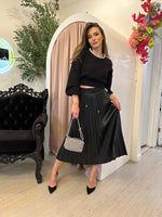 Faux Leather Pleated Drawstring Midi Skirt