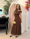 ONE-SHOULDER RUCHED BODY PLEATED MAXI DRESS BROWN