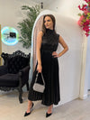 Metallic high neck elastic waist pleated midi dress Black