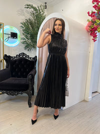 Metallic high neck elastic waist pleated midi dress Black