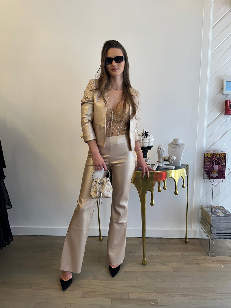 Metallic Open-Front Vegan Leather Blazer